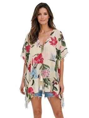 L&Z Europe Cream Floral Pom-Pom Fringe Cotton Kaftan Tunic Cover-Up One Size